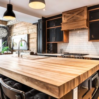 Modern Kitchen with a rustic feel, with a wooden counter and spacious central island.