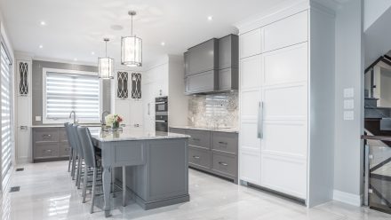 Elegant Kitchen with white cabinets and worktop in a classic/modern feel