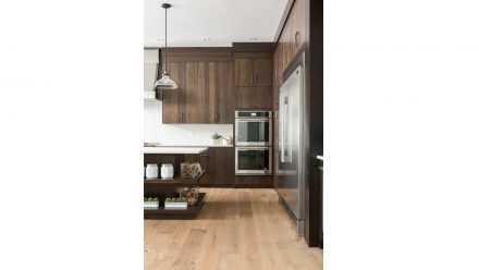 Modern style wood furnished kitchen with refined countertops.