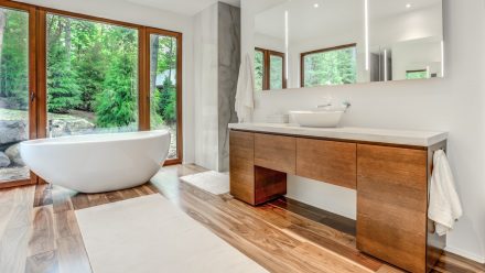 Elegant and modern bathroom with bathtub and walk-in shower.