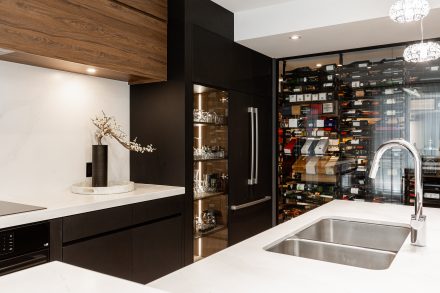 Modern kitchen design with elegant lighting.