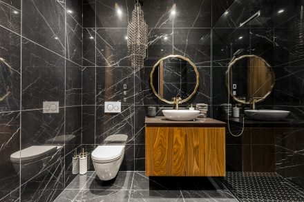 Dark bathroom with elegant storage.